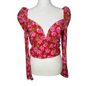 Zara‎ Floral Long Sleeve Backless Crop Top Red Pink Size Medium